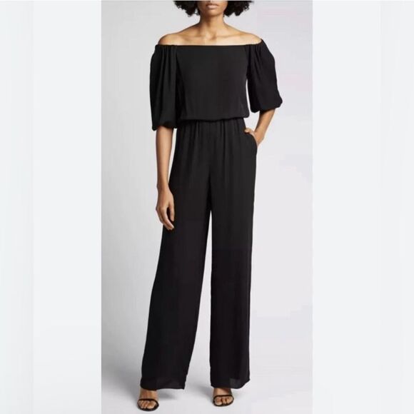 THEORY Classic Georgette Silk Off the Shoulder Black Jumpsuit Size P (00-0) - Picture 1 of 8